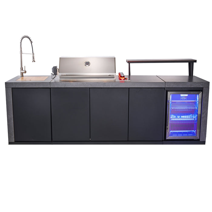 Forno Rimini Outdoor Kitchen - 30" BBQ 62,600 BTU, 3 Burners with Sear & Rotisserie, 2.4 cu.ft. Beverage Center, Stainless Steel Sink, Black Cabinets & Gray Sintered Stone Countertops (FODKT2544BLK)