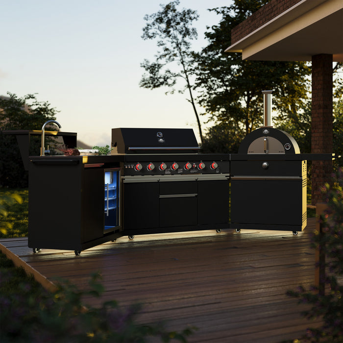 Forno All’Aperto Outdoor Kitchen - 87,600 BTU BBQ with 4 Stainless-Steel Burners with Infrared Burners &amp; Side Burner, Sink Module with Black Sintered Stone Countertops, Gaz Pizza Oven, Bar & Beverage Center (FODKT2551BLK)