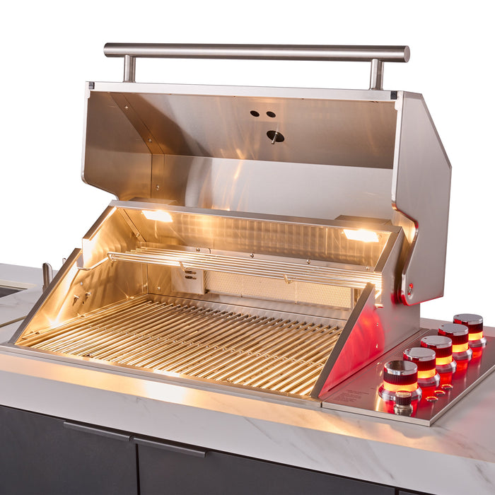 Forno Rimini Outdoor Kitchen - 30" BBQ 62,600 BTU, 3 Burners with Sear & Rotisserie, 4.8 cu.ft. Beverage Center, Stainless Steel Double Sink, Black Cabinets & White Sintered Stone Countertops (FODKT2575WHT)