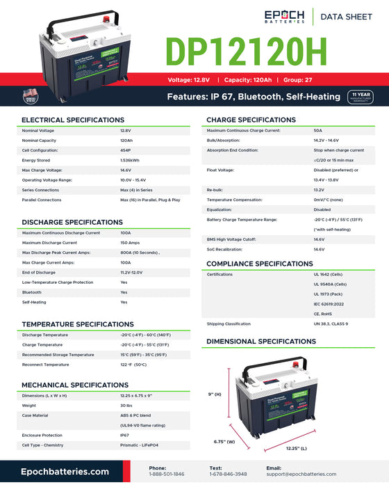 Epoch Batteries 12V 120Ah Pro Series - LiFePO4 Cranking & Deep Cycle Lithium Battery (Dual Purpose)