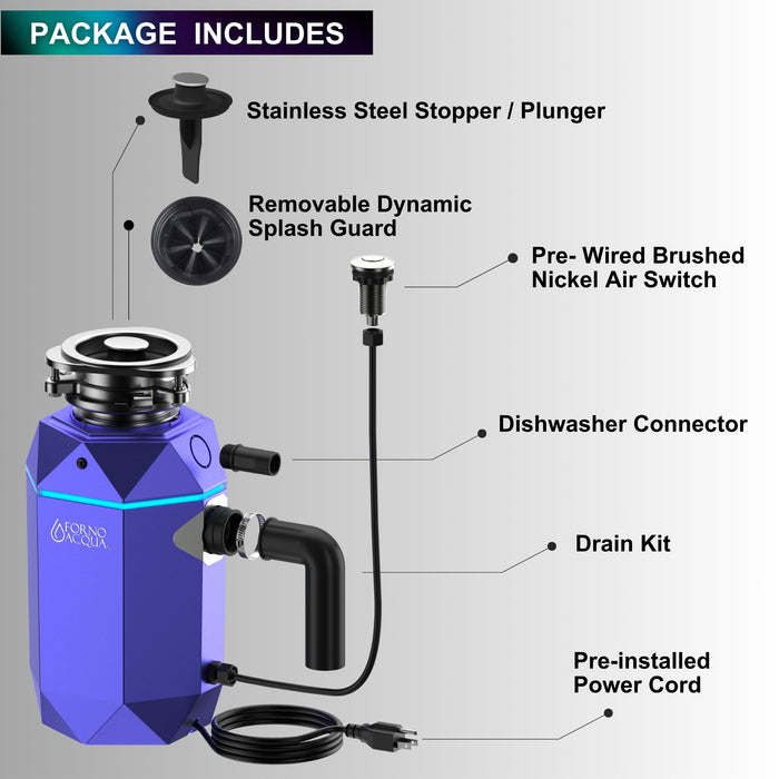 Forno Acqua BrightDiamond Super Quiet Garbage Disposal Corded with Motion Sensor Cabinet Light & Pre-Wired Air Switch - 3/4 HP or 1HP (WDD075TA)