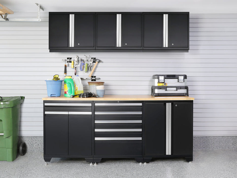 NewAge Pro Series 9 Piece Cabinet Set with Wall, Base, Tool Drawer, Multi-Function Cabinet, Lockers, and 84 in. Worktop