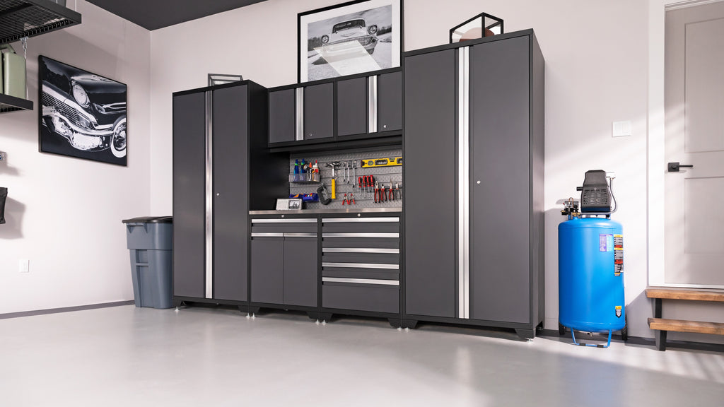 NewAge Pro Series 9 Piece Cabinet Set with Wall, Base, Tool Drawer Cabinet, Lockers, Utility Cart and 84 in. Worktop