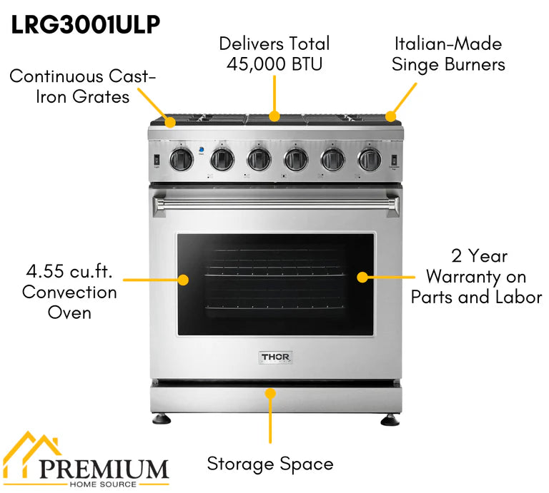 Thor Kitchen 30 in. 4.55 cu. ft. Professional Natural Gas / Propane Gas Range in Stainless Steel, LRG3001U & LRG3001ULP