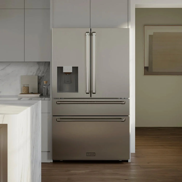 ZLINE Autograph Edition 36" 21.6 cu. ft. Counter Depth French Door Refrigerator with Water Dispenser and Ice Maker in Stainless Steel and Traditional Handles