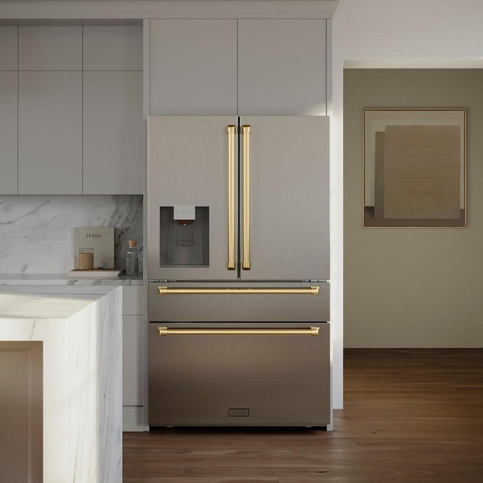 ZLINE Autograph Edition 36" 21.6 cu. ft. Counter Depth French Door Refrigerator with Water Dispenser and Ice Maker in Stainless Steel and Traditional Handles