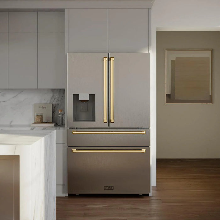 ZLINE Autograph Edition 36" 21.6 cu. ft. Counter Depth French Door Refrigerator with Water Dispenser and Ice Maker in Stainless Steel and Traditional Handles