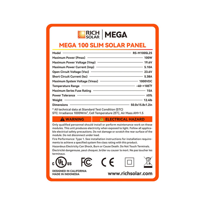 Rich Solar Mega 100 Slim - 100 Watt Slim Solar Panel
