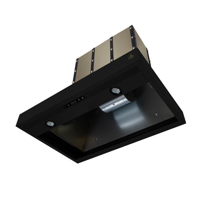 Forno Ambassador Valente 36" 427 CFM Wall Mount Range Hood with 3 Speeds, LED Light in Fingerprint Resistant Black, Antique Brass and Copper Rivet Trim (FRHWM5099-36CPBLK)
