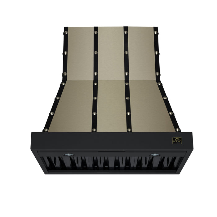 Forno Ambassador Valente 36" 427 CFM Wall Mount Range Hood with 3 Speeds, LED Light in Fingerprint Resistant Black, Antique Brass and Copper Rivet Trim (FRHWM5099-36CPBLK)
