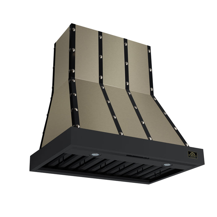 Forno Ambassador Valente 36" 427 CFM Wall Mount Range Hood with 3 Speeds, LED Light in Fingerprint Resistant Black, Antique Brass and Copper Rivet Trim (FRHWM5099-36CPBLK)