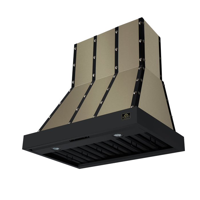 Forno Ambassador Valente 36" 427 CFM Wall Mount Range Hood with 3 Speeds, LED Light in Fingerprint Resistant Black, Antique Brass and Copper Rivet Trim (FRHWM5099-36CPBLK)