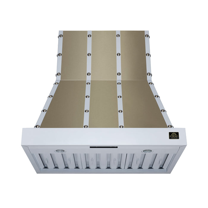 Forno Ambassador Valente 36" 427 CFM Wall Mount Range Hood with 3 Speeds, LED Light in Fingerprint Resistant White, Antique Brass and Copper Rivet Trim (FRHWM5099-36CPWHT)