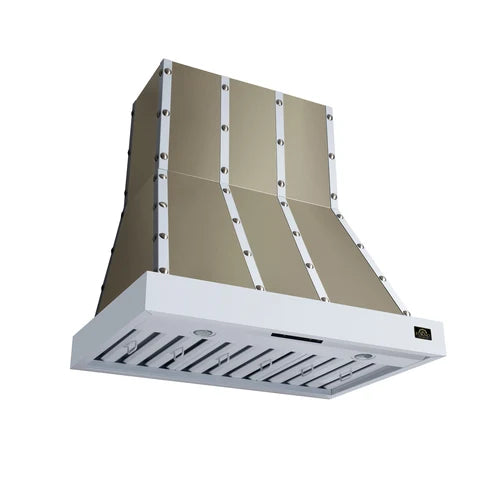 Forno Ambassador Valente 36" 427 CFM Wall Mount Range Hood with 3 Speeds, LED Light in Fingerprint Resistant-Black or White Antique Brass and Copper Rivet Trim (FRHWM5099-36CPBLK)