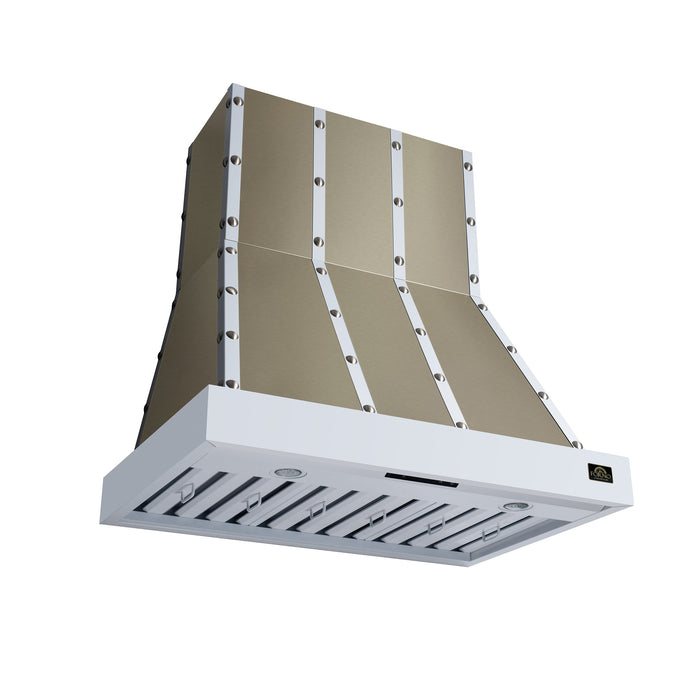 Forno Ambassador Valente 36" 427 CFM Wall Mount Range Hood with 3 Speeds, LED Light in Fingerprint Resistant White, Antique Brass and Copper Rivet Trim (FRHWM5099-36CPWHT)