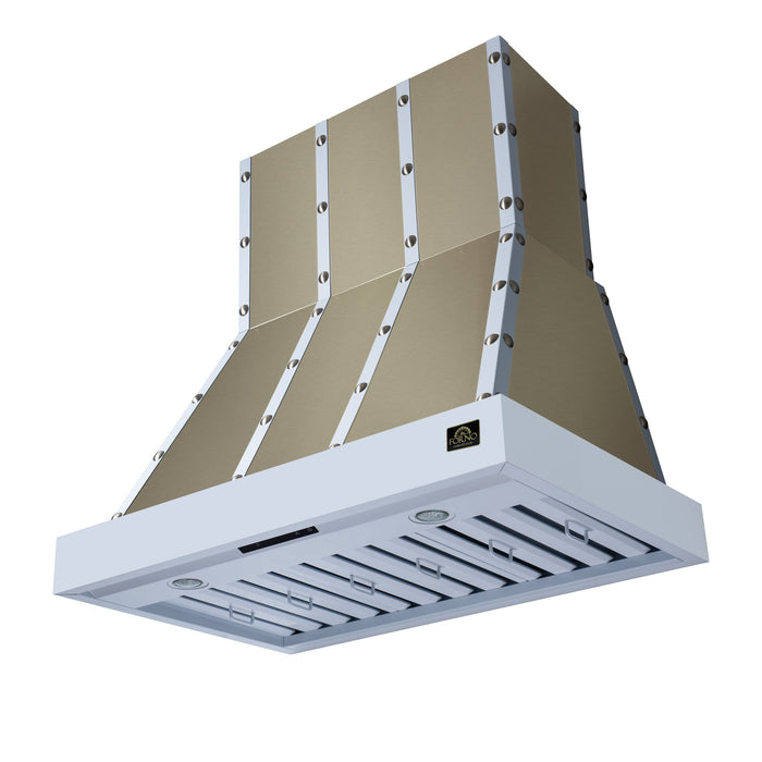 Forno Ambassador Valente 36" 427 CFM Wall Mount Range Hood with 3 Speeds, LED Light in Fingerprint Resistant White, Antique Brass and Copper Rivet Trim (FRHWM5099-36CPWHT)
