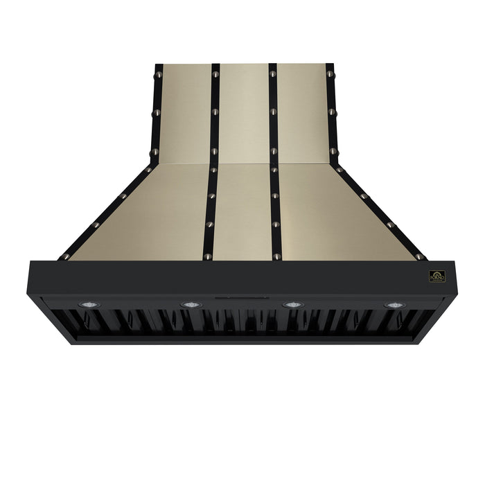 Forno Ambassador Valente 48" 304 CFM Wall Mount Range Hood with 3 Speeds, LED Light in Fingerprint Resistant Black, Antique Brass and Copper Rivet Trim (FRHWM5099-48CPBLK)
