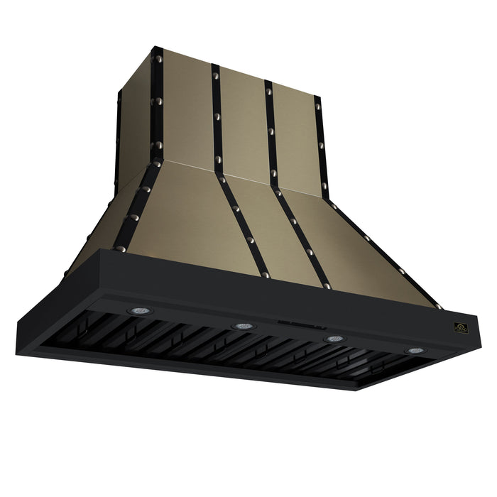 Forno Ambassador Valente 48" 304 CFM Wall Mount Range Hood with 3 Speeds, LED Light in Fingerprint Resistant Black, Antique Brass and Copper Rivet Trim (FRHWM5099-48CPBLK)