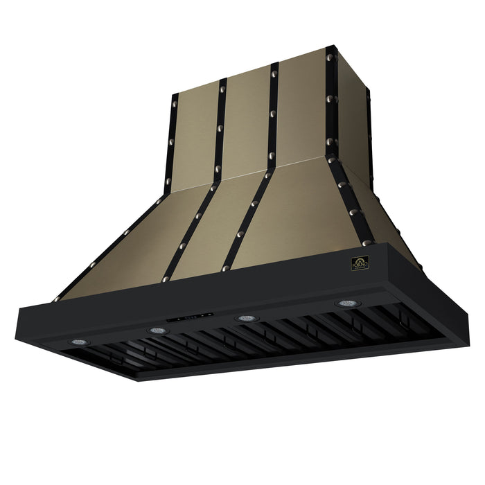 Forno Ambassador Valente 48" 304 CFM Wall Mount Range Hood with 3 Speeds, LED Light in Fingerprint Resistant Black, Antique Brass and Copper Rivet Trim (FRHWM5099-48CPBLK)