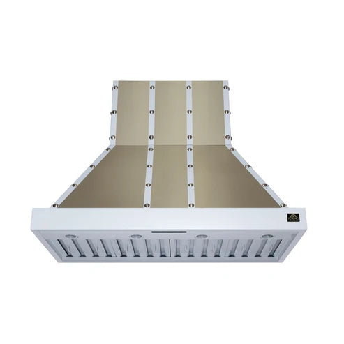 Forno Ambassador Valente 48" 304 CFM Wall Mount Range Hood with 3 Speeds, LED Light in Fingerprint Resistant- Black or White Antique Brass and Copper Rivet Trim (FRHWM5099-48CPBLK)