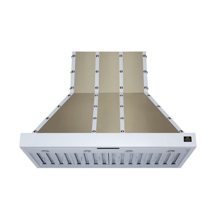 Forno Ambassador Valente 48" 304 CFM Wall Mount Range Hood with 3 Speeds, LED Light in Fingerprint Resistant White, Antique Brass and Copper Rivet Trim (FRHWM5099-48CPWHT)