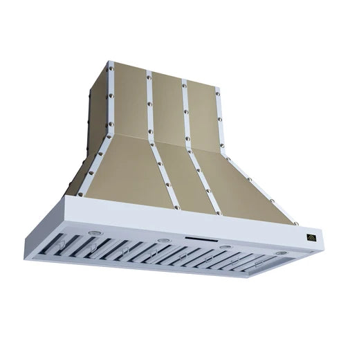 Forno Ambassador Valente 48" 304 CFM Wall Mount Range Hood with 3 Speeds, LED Light in Fingerprint Resistant- Black or White Antique Brass and Copper Rivet Trim (FRHWM5099-48CPBLK)