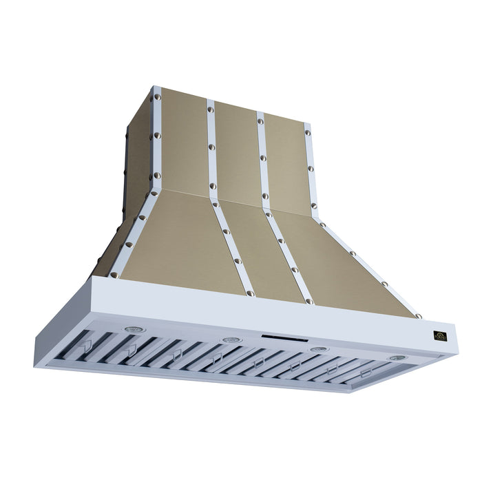 Forno Ambassador Valente 48" 304 CFM Wall Mount Range Hood with 3 Speeds, LED Light in Fingerprint Resistant White, Antique Brass and Copper Rivet Trim (FRHWM5099-48CPWHT)