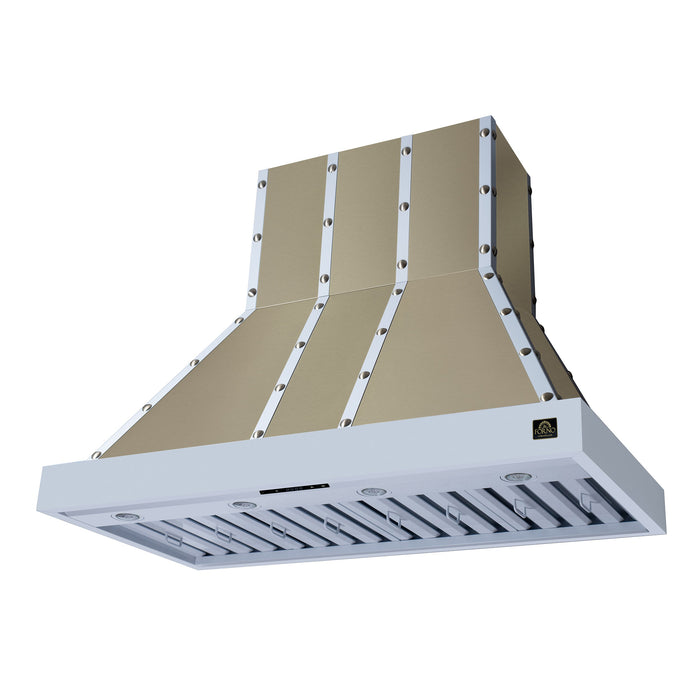 Forno Ambassador Valente 48" 304 CFM Wall Mount Range Hood with 3 Speeds, LED Light in Fingerprint Resistant White, Antique Brass and Copper Rivet Trim (FRHWM5099-48CPWHT)