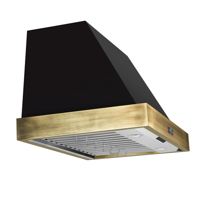 Forno Vittorio 36" 600 CFM Wall Mount Range Hood with Remote Control and Antique Brass Trim - Black or White (FRHWM5078-36BLK)