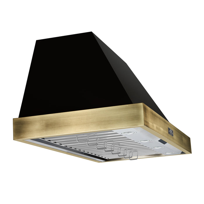 Forno Vittorio 48" 600 CFM Wall Mount Range Hood with Remote Control and Antique Brass Trim - Black or White (FRHWM5078-48BLK)
