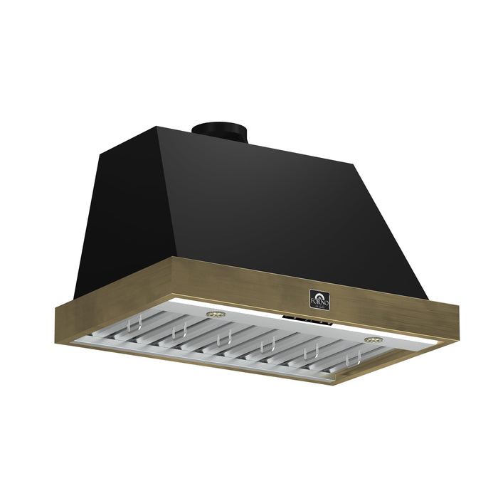 Forno Vittorio 36" 600 CFM Wall Mount Range Hood with Remote Control and Antique Brass Trim - Black or White (FRHWM5078-36BLK)