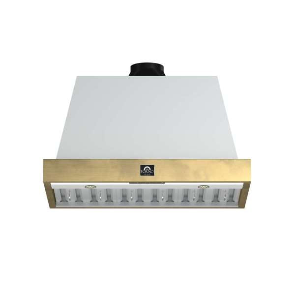Forno Vittorio 36" 600 CFM Wall Mount Range Hood with Remote Control and Antique Brass Trim - Black or White (FRHWM5078-36BLK)
