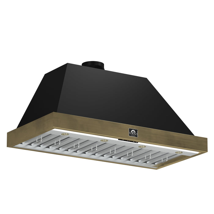 Forno Vittorio 48" 600 CFM Wall Mount Range Hood with Remote Control and Antique Brass Trim - Black or White (FRHWM5078-48BLK)