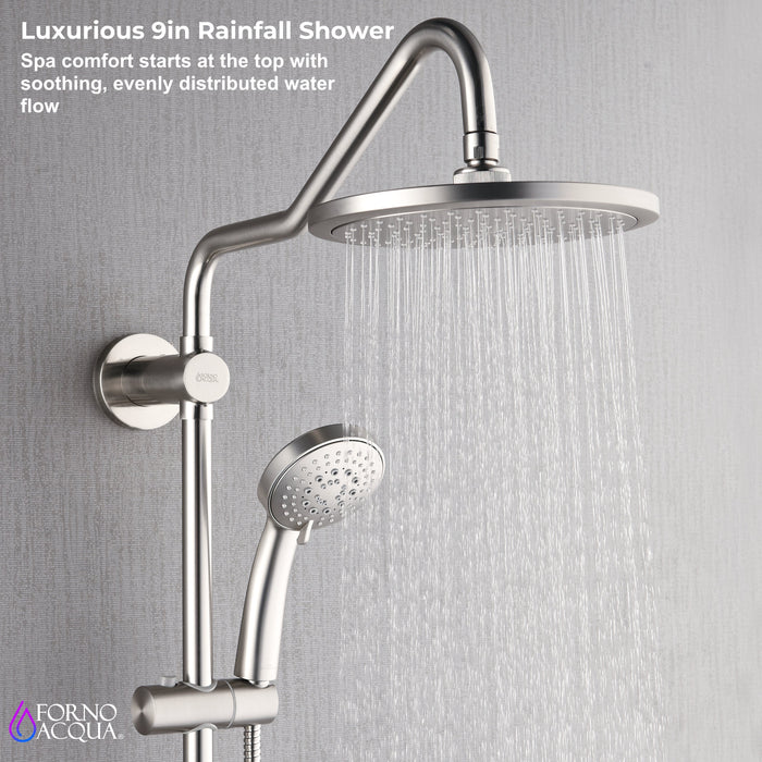 Forno AcquaSPA System with 9" Rainfall Shower Head, 5-in-1 Handheld Shower and 3 Function Adjustable Body Jet in Brushed Nickel