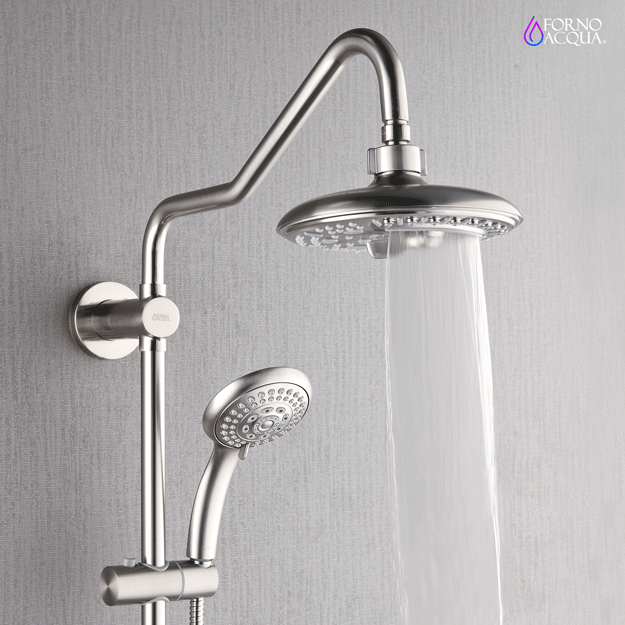 Forno AcquaSPA System with 8" 6 Function Rainfall Shower Head, 5-in-1 Handheld Shower and 3 Function Adjustable Body Jet in Brushed Nickel