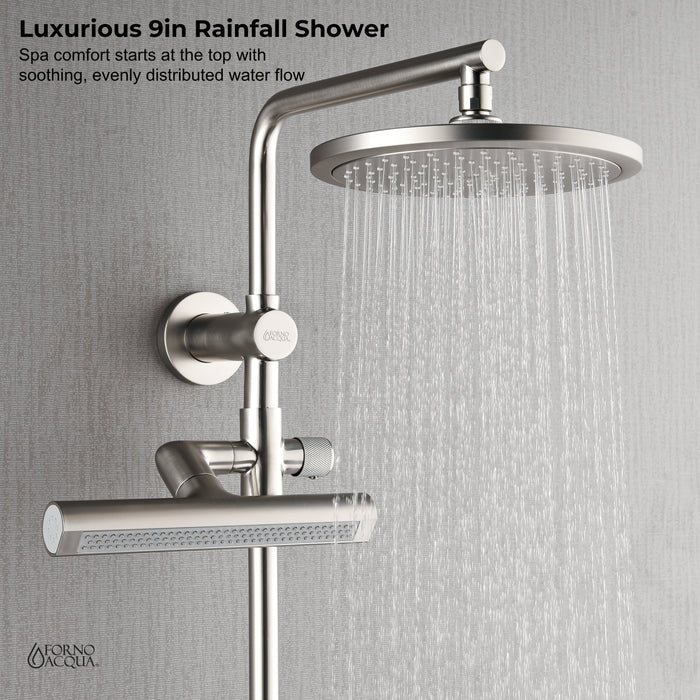 FORNO AcquaFALL Shower System with 9" Rainfall Shower Head, 5-in-1 Handheld Shower and 3 Function Body Jet in Brushed Nickel