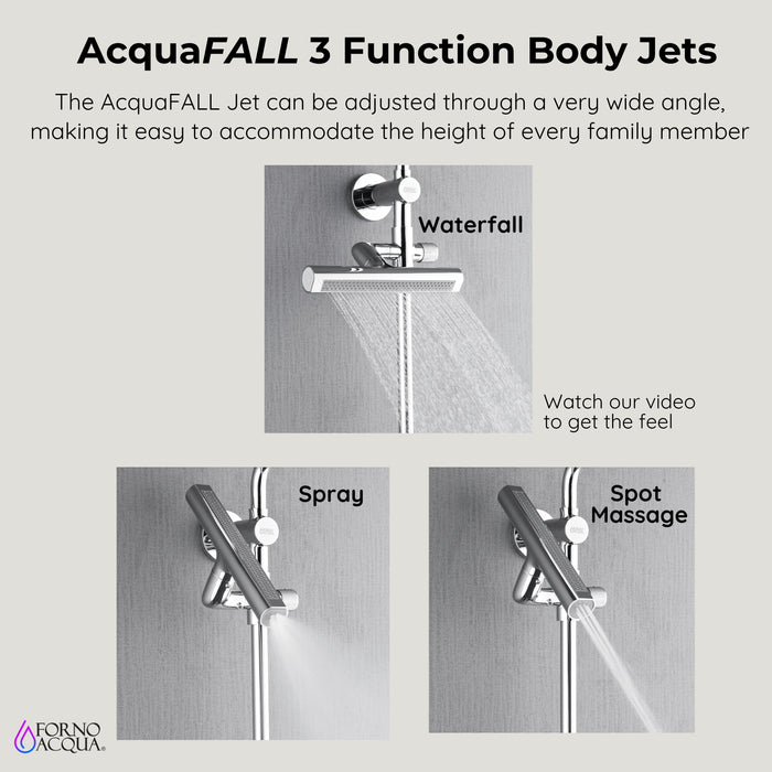 Forno AcquaFALL Traditional Arm Shower System with 8" 6 Function Rainfall Shower Head, 5-in-1 Handheld Shower and 3 Function Body Jet in Polished Chrome