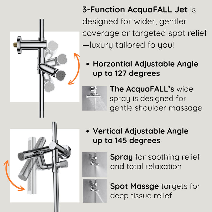 Forno AcquaFALL Traditional Arm Shower System with 8" 6 Function Rainfall Shower Head, 5-in-1 Handheld Shower and 3 Function Body Jet in Polished Chrome