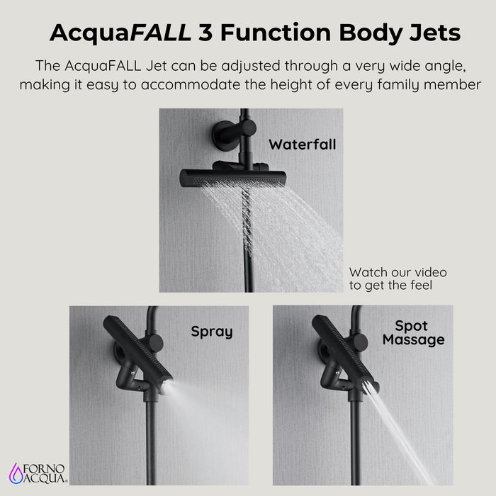 Forno AcquaFALL Traditional Arm Shower System with 8" 6 Function Rainfall Shower Head, 5-in-1 Handheld Shower and 3 Function Body Jet in Matte Black