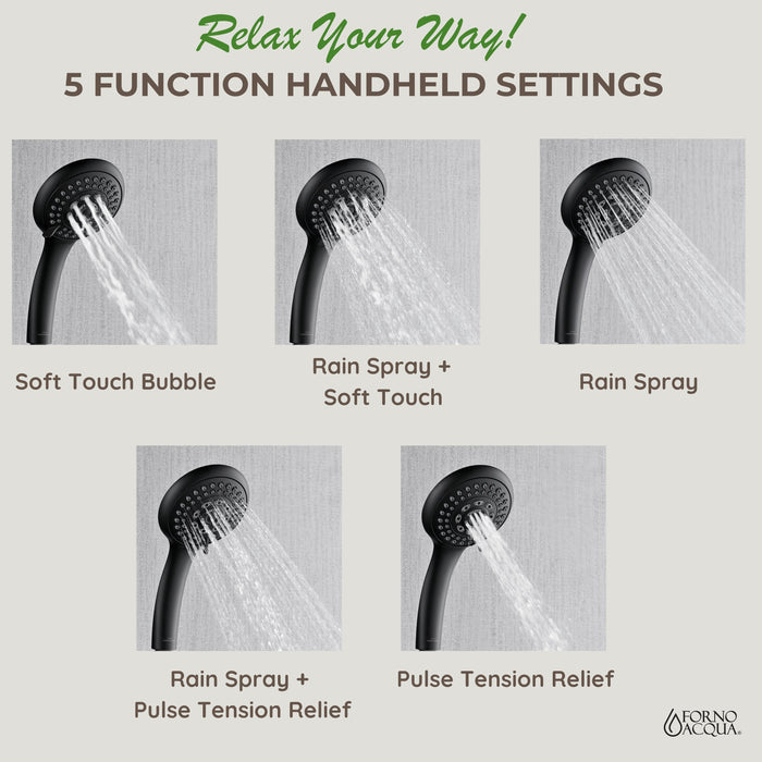 Forno AcquaFALL Traditional Arm Shower System with 8" 6 Function Rainfall Shower Head, 5-in-1 Handheld Shower and 3 Function Body Jet in Matte Black