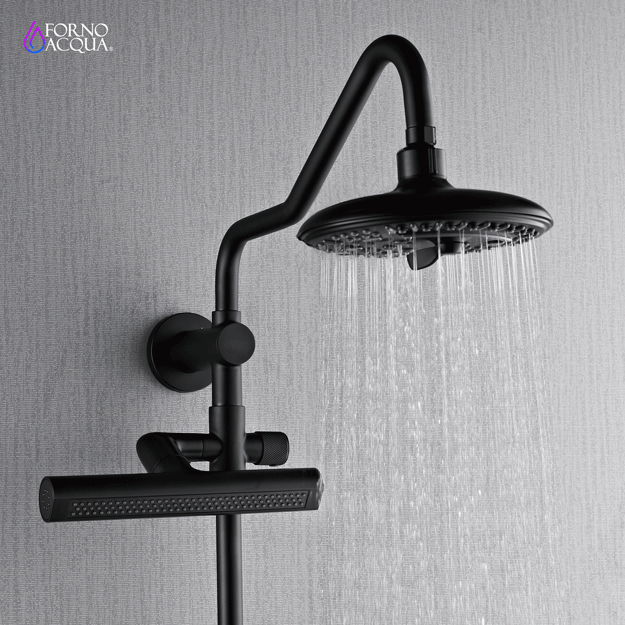 Forno AcquaFALL Traditional Arm Shower System with 8" 6 Function Rainfall Shower Head, 5-in-1 Handheld Shower and 3 Function Body Jet in Matte Black