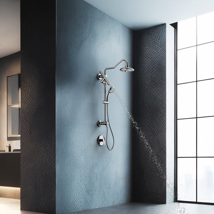 Forno AcquaFALL Traditional Arm Shower System with 8" 6 Function Rainfall Shower Head, 5-in-1 Handheld Shower and 3 Function Body Jet in Brushed Nickel