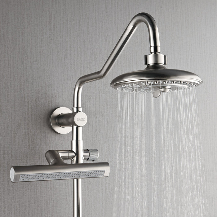 Forno AcquaFALL Traditional Arm Shower System with 8" 6 Function Rainfall Shower Head, 5-in-1 Handheld Shower and 3 Function Body Jet in Brushed Nickel