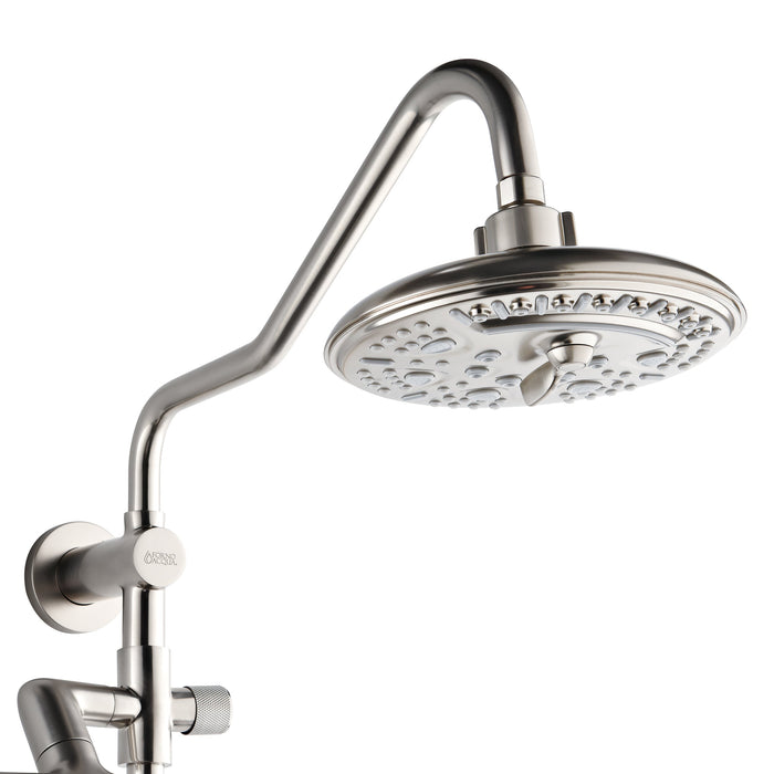 Forno AcquaFALL Traditional Arm Shower System with 8" 6 Function Rainfall Shower Head, 5-in-1 Handheld Shower and 3 Function Body Jet in Brushed Nickel