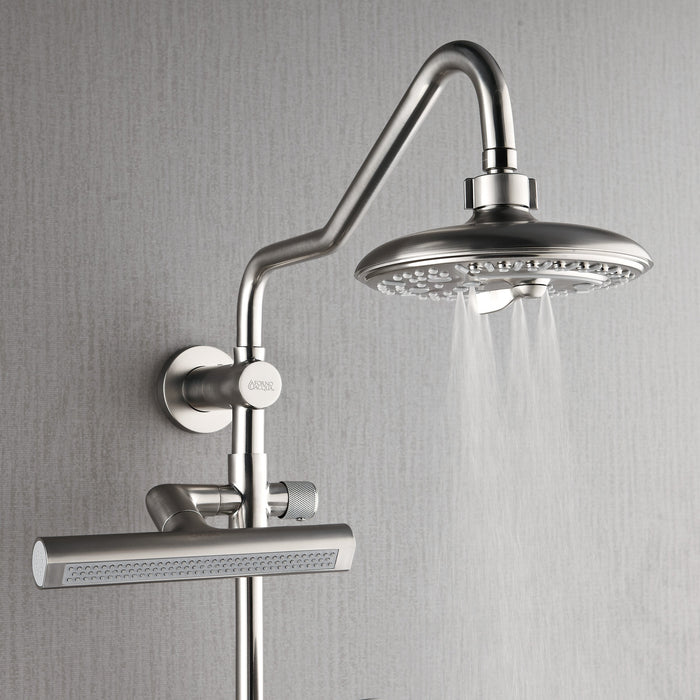 Forno AcquaFALL Traditional Arm Shower System with 8" 6 Function Rainfall Shower Head, 5-in-1 Handheld Shower and 3 Function Body Jet in Brushed Nickel