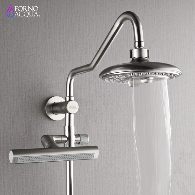 Forno AcquaFALL Traditional Arm Shower System with 8" 6 Function Rainfall Shower Head, 5-in-1 Handheld Shower and 3 Function Body Jet in Brushed Nickel