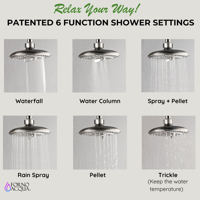 Forno AcquaFALL Traditional Arm Shower System with 8" 6 Function Rainfall Shower Head, 5-in-1 Handheld Shower and 3 Function Body Jet in Polished Chrome
