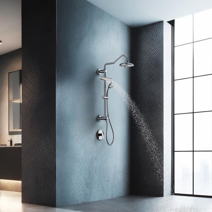 Forno AcquaFALL Traditional Arm Shower System with 8" 6 Function Rainfall Shower Head, 5-in-1 Handheld Shower and 3 Function Body Jet in Polished Chrome