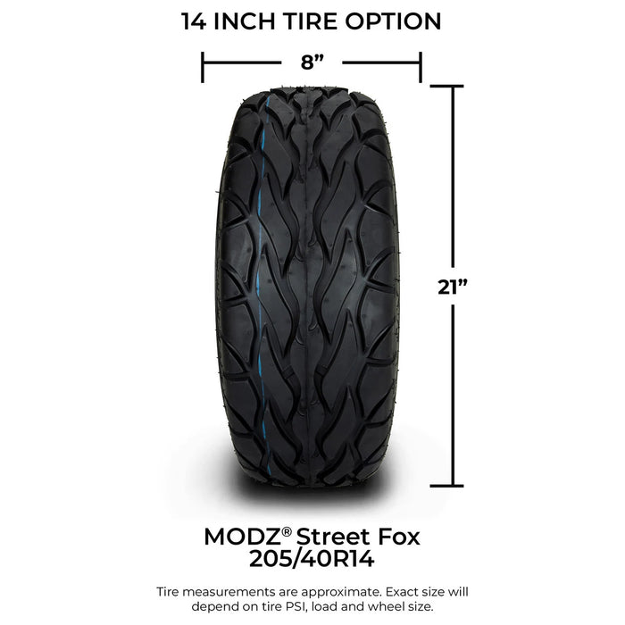 MODZ 14" Formula Machined Black Wheels & Street Tires Combo