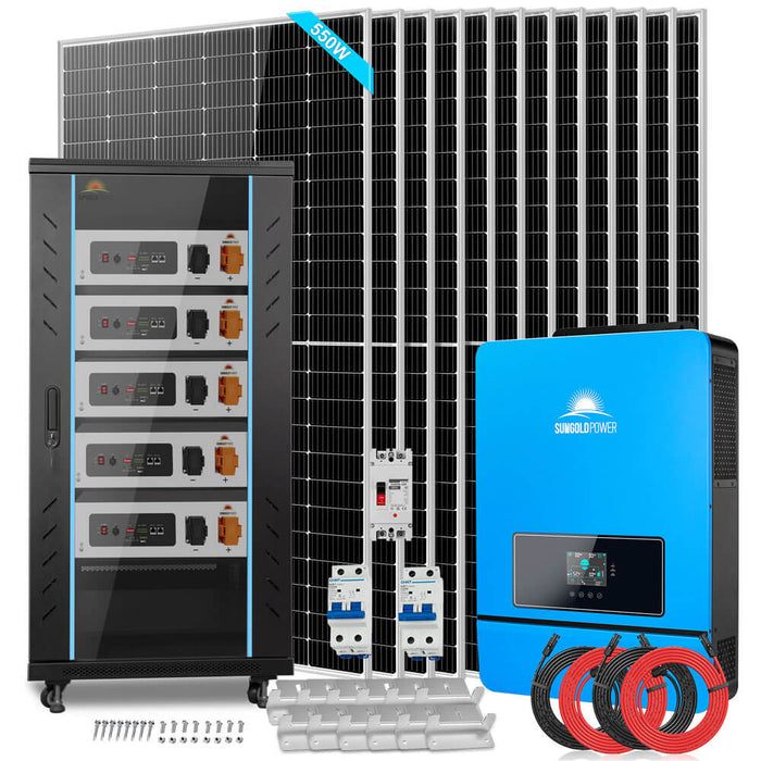 Sungold Power OFF GRID SOLAR KIT 12 X 550 WATTS SOLAR PANELS 20.48KWH-32.14KWH LITHIUM BATTERY 10KW SOLAR INVERTER 48VDC 120V/240V (SGR-10K25S)